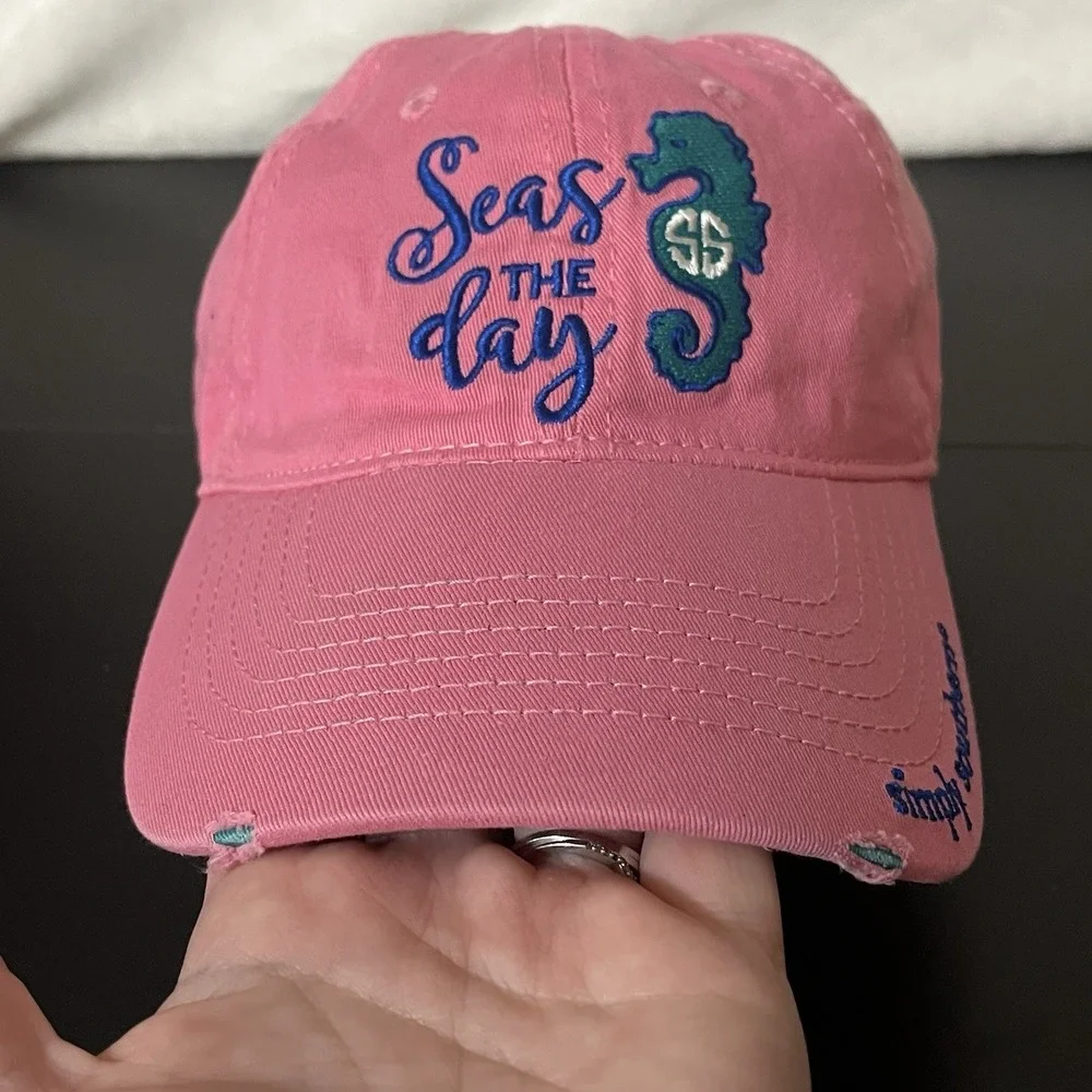 Simply Southern SEAS THE DAY Beach Ocean Embroidered Hat Cap Adjustable Pink